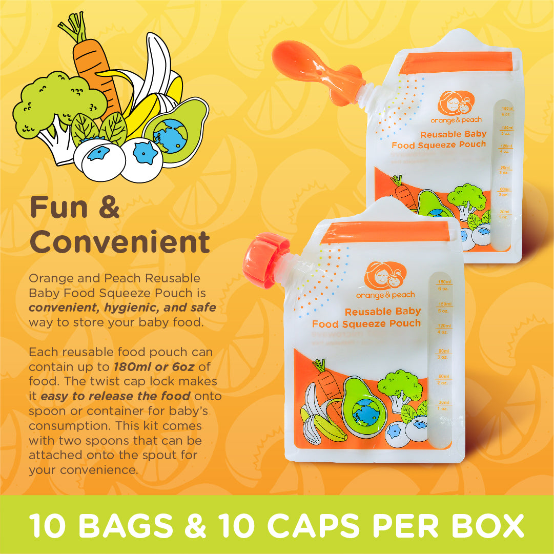 Orange and Peach Reusable Baby Food Squeeze Pouch with Zip Lock and Pouring Spout (10 pcs.)