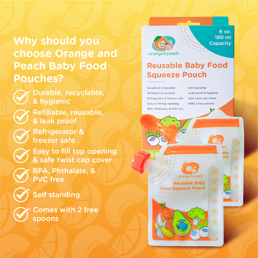 Orange and Peach Reusable Baby Food Squeeze Pouch with Zip Lock and Pouring Spout (10 pcs.)