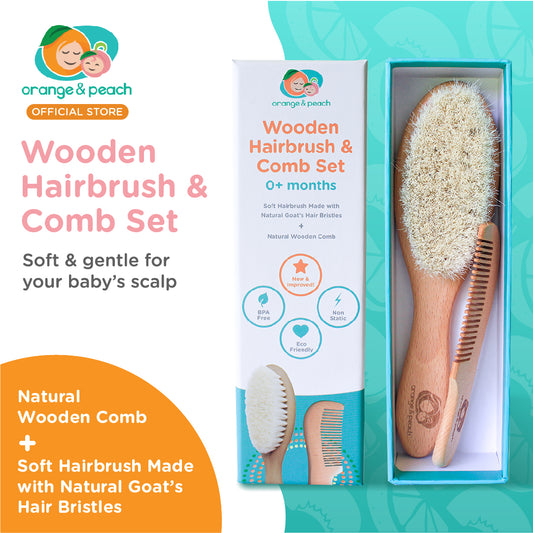 Orange and Peach Baby Natural Wooden Hairbrush and Comb Set for Babies