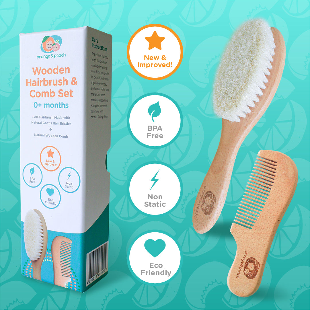 Orange and Peach Baby Natural Wooden Hairbrush and Comb Set for Babies