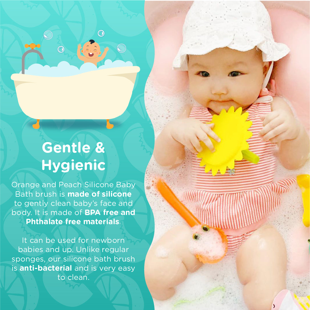 Orange and Peach Silicone Antibacterial Bath Brush for Babies and Kids