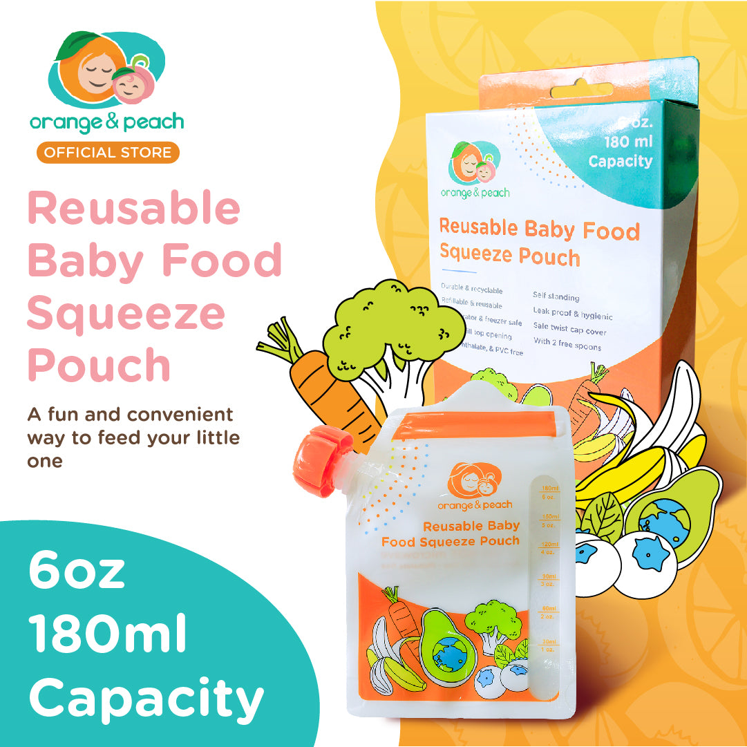 Orange and Peach Reusable Baby Food Squeeze Pouch with Zip Lock and Pouring Spout (10 pcs.)